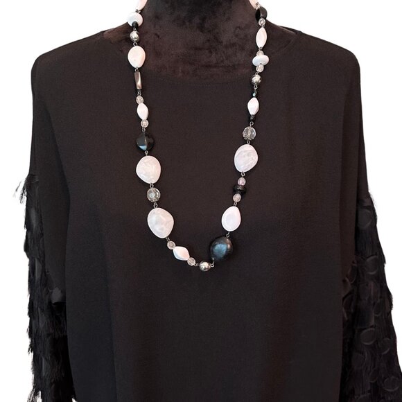 Black & White Mixed Bead Statement Necklace | Long Oval & Faceted Beads | 18” - Picture 1 of 5